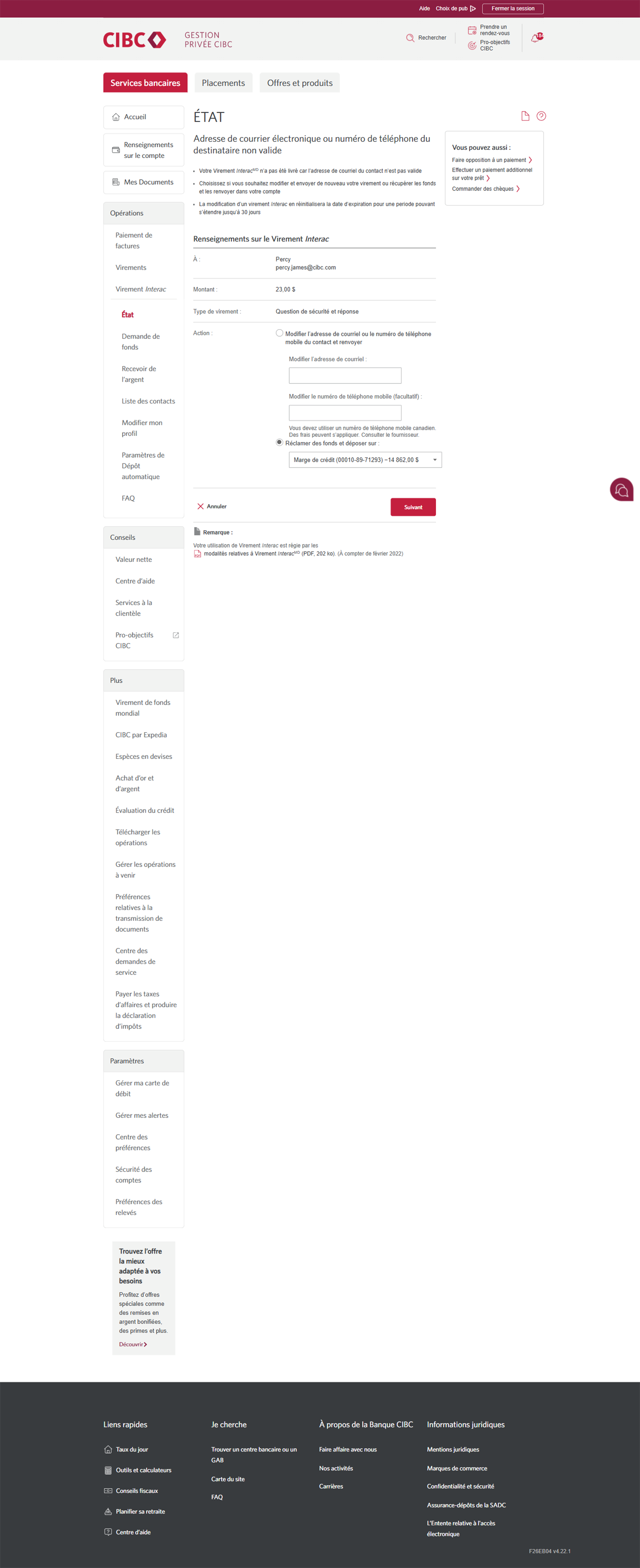 Écran 5 de la démonstration : Page sur l’état. Une animation dynamique met en évidence le bouton Suivant.
