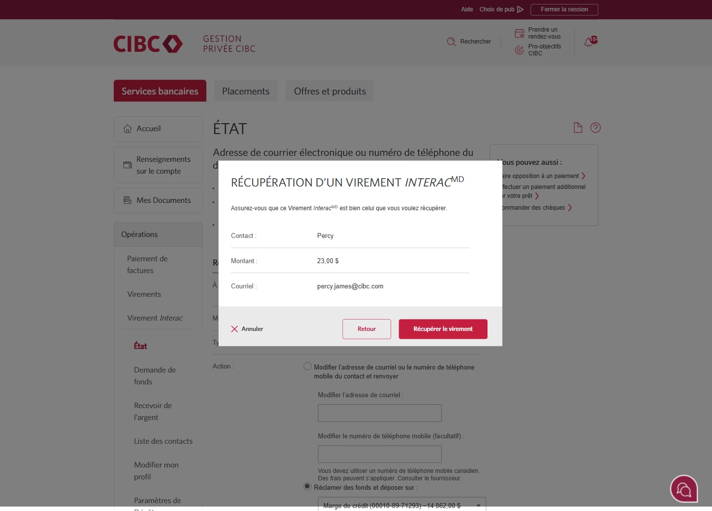 Écran 6 de la démonstration : Boîte de dialogue superposée pour confirmer l’action de récupération des fonds. Une animation dynamique met en évidence le bouton Récupérer.