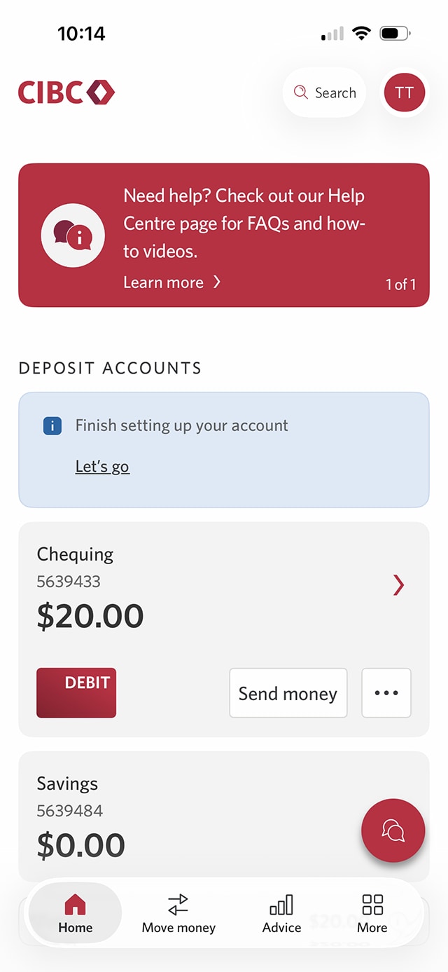 Demo screen 2: CIBC Mobile Banking App homepage. A pulsing animation highlights the "Move Money" tab.