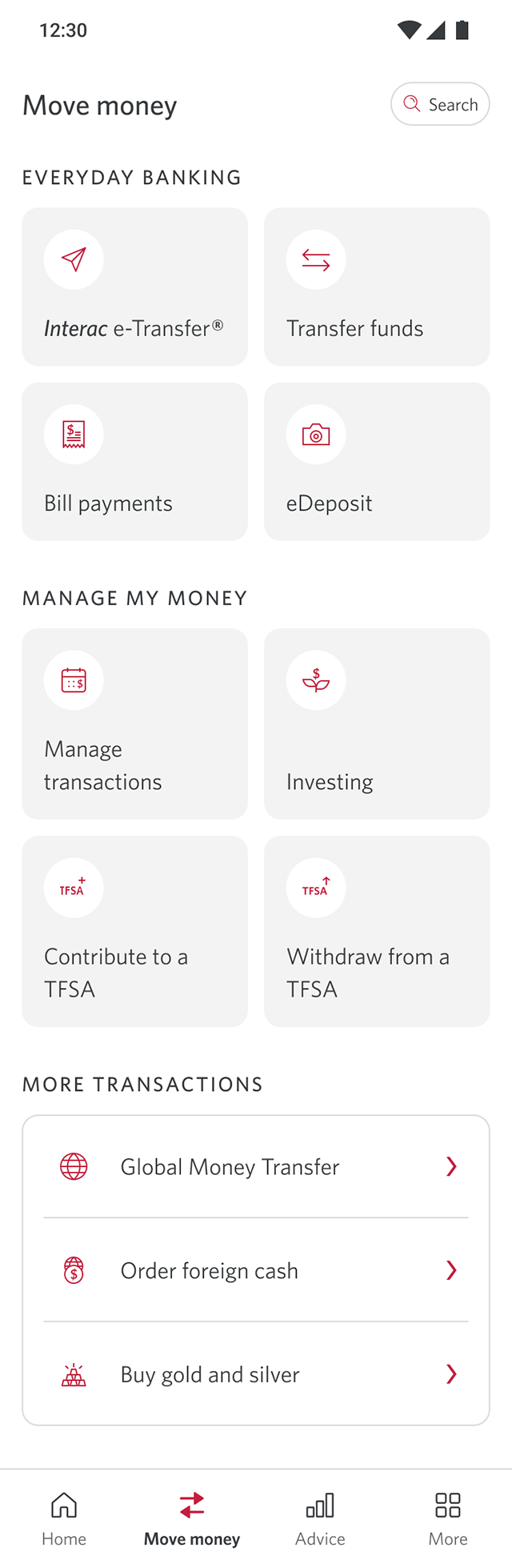 Demo screen 3: Move Money page. A pulsing animation highlights the "Interac e-Transfer" button.