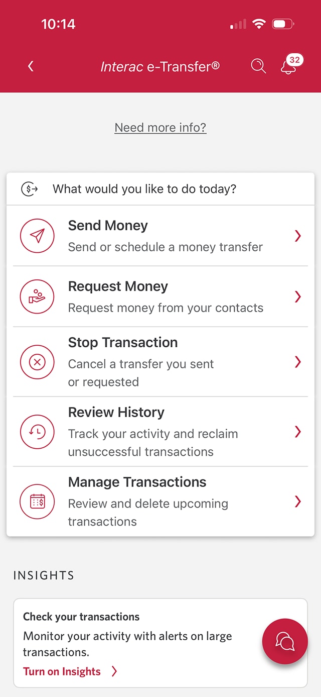 Demo screen 4: Interac e-Transfer page. A pulsing animation highlights the "Review History" button.