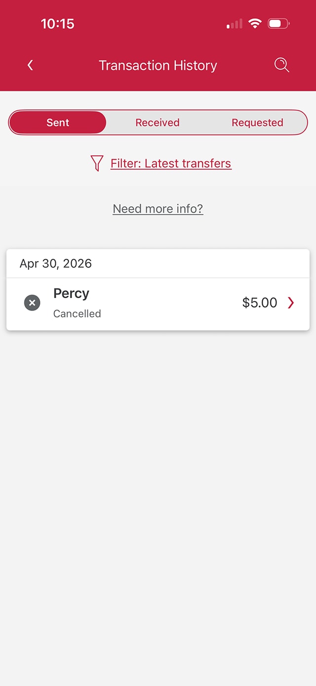 Demo screen 5: Transaction History page. A pulsing animation highlights the transfer details button to review details of a specific transfer.