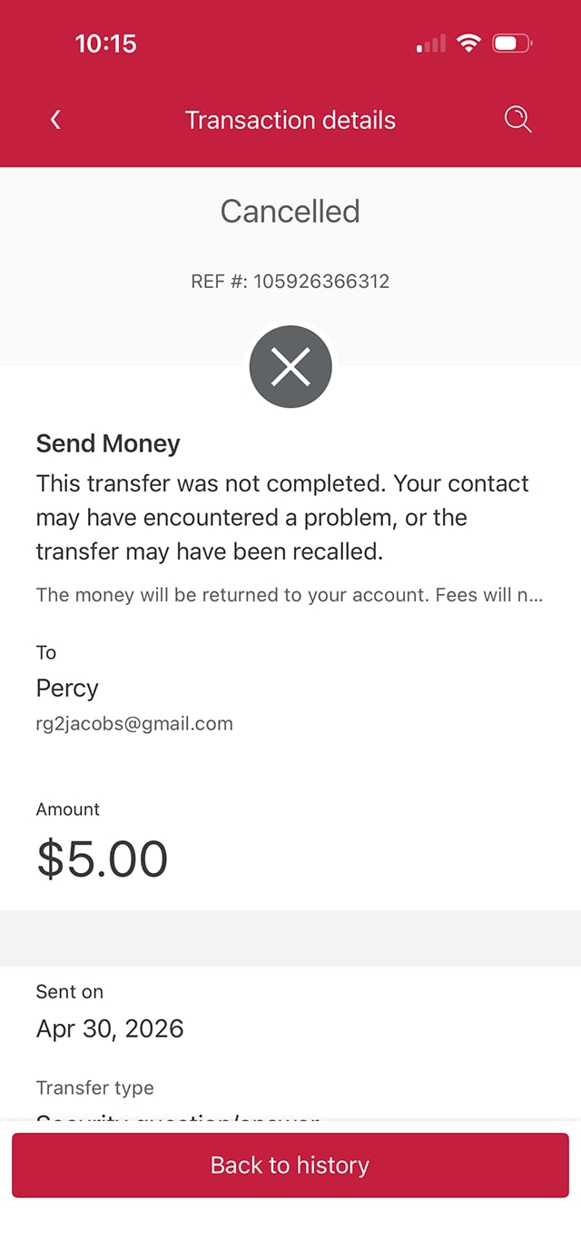 Demo screen 6: "Transaction details" screen with confirmation that the Interac e-Transfer payment has been cancelled. No pulsing animation.