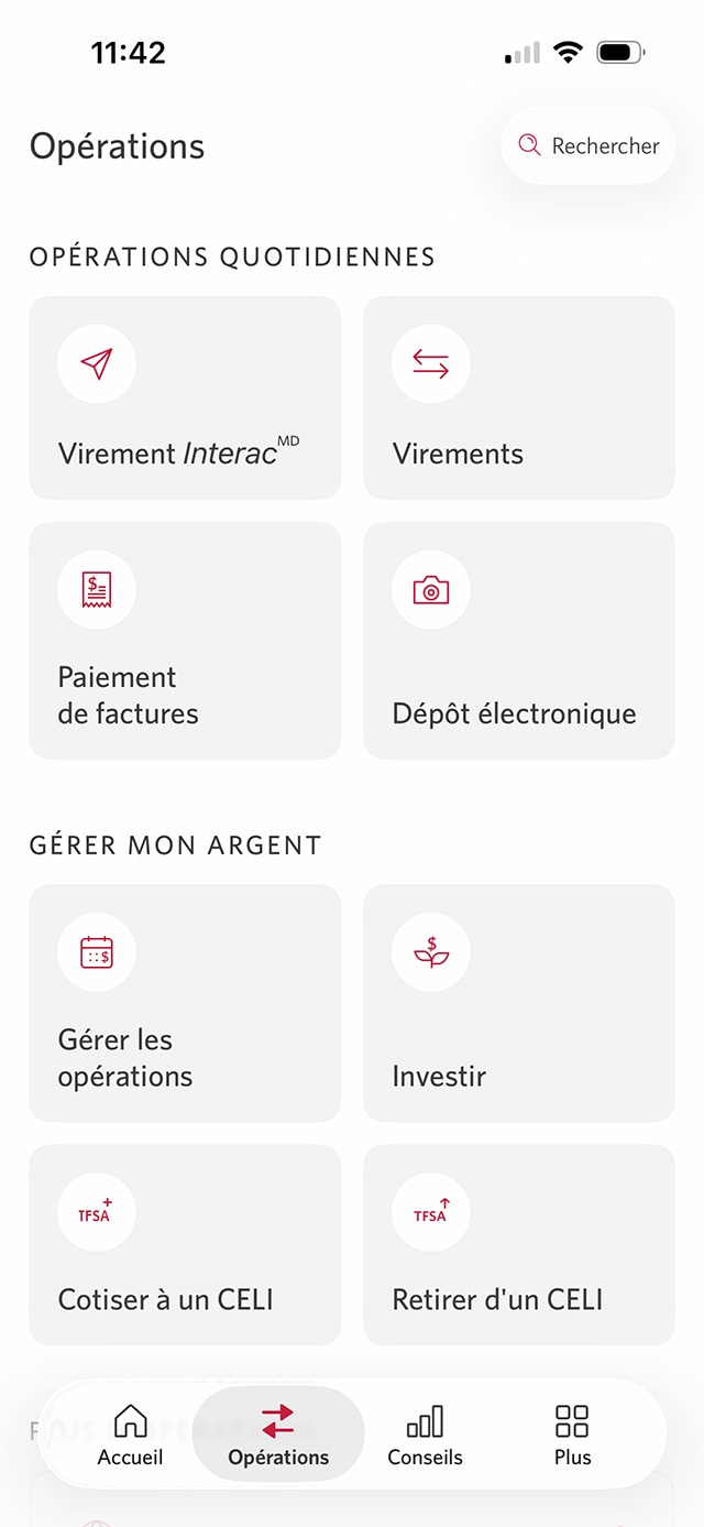 Écran 3 de la démonstration : Page Opérations. Une animation dynamique met en évidence le bouton Virement Interac.