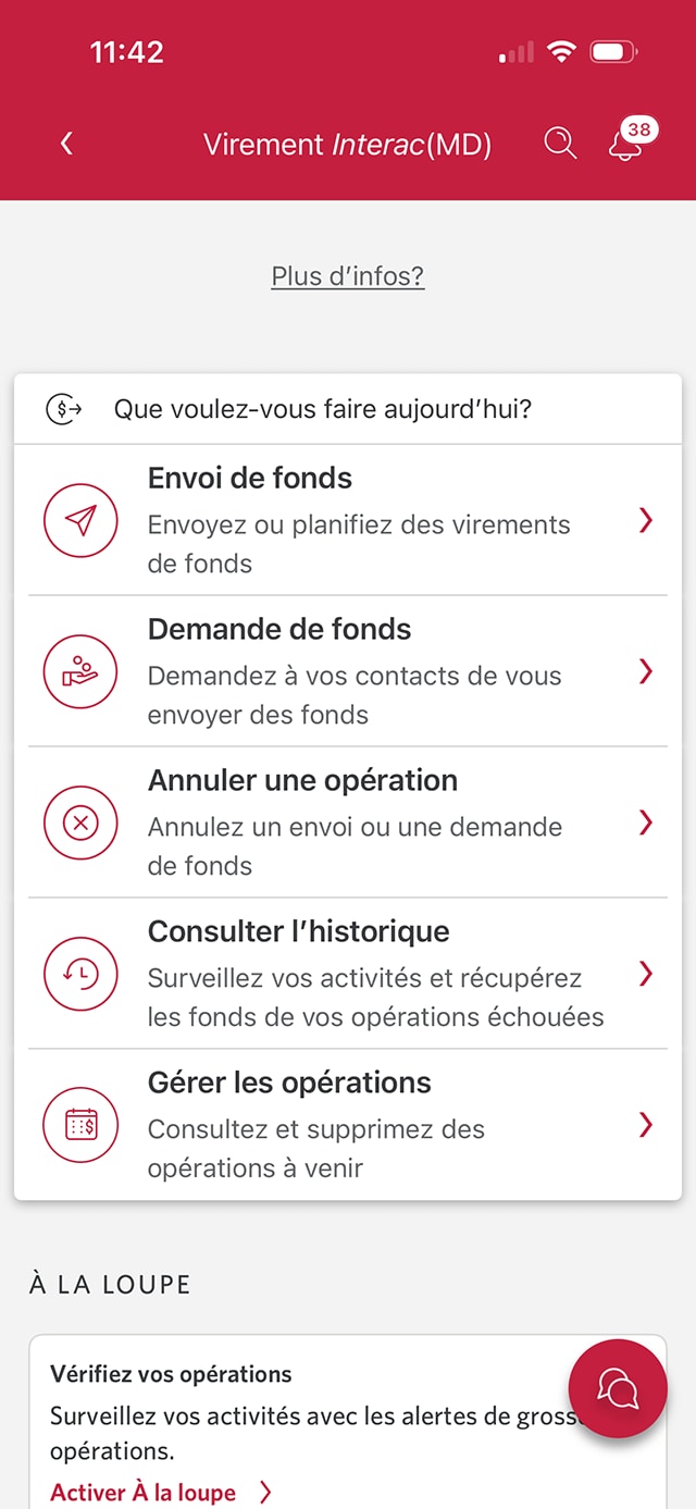 Écran 4 de la démonstration : Page Virement Interac. Une animation dynamique met en évidence le bouton « Consulter l’historique ».