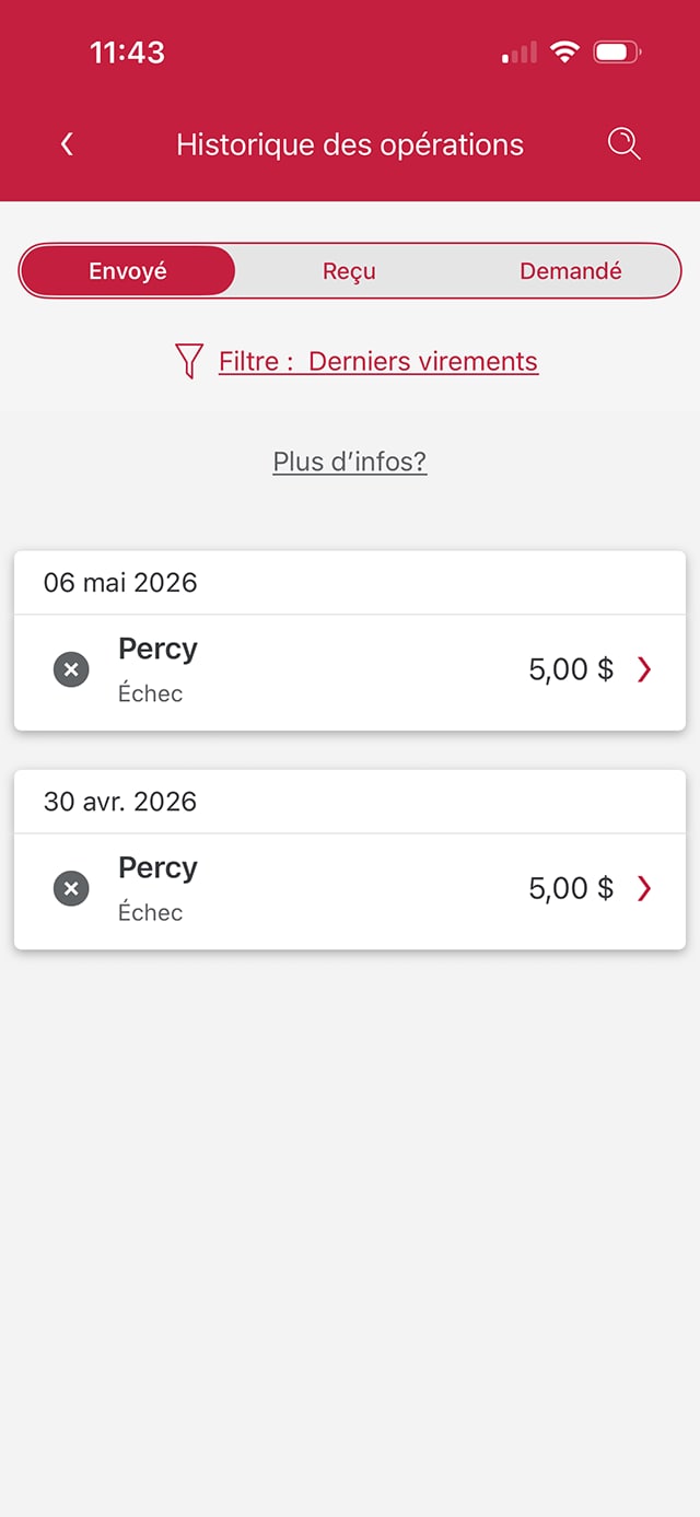 Écran 5 de la démonstration : Page Historique des opérations. Une animation dynamique met en évidence le bouton des renseignements sur le virement pour passer en revue les renseignements sur un virement en particulier.