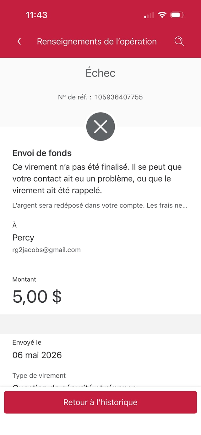 Écran 6 de la démonstration : Écran des renseignements sur l’opération avec confirmation que le paiement par Virement Interac a été annulé. Aucune animation dynamique.