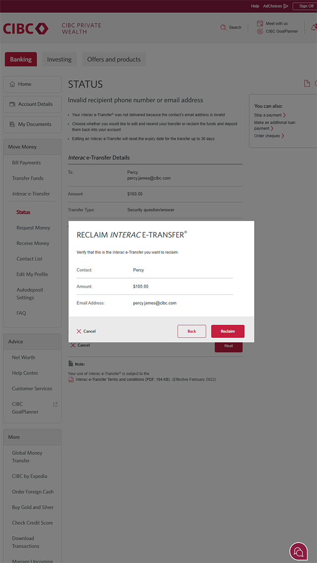 Demo screen 7: Dialog overlay to confirm the "Reclaim funds" action. A pulsing animation highlights the "Reclaim" button.