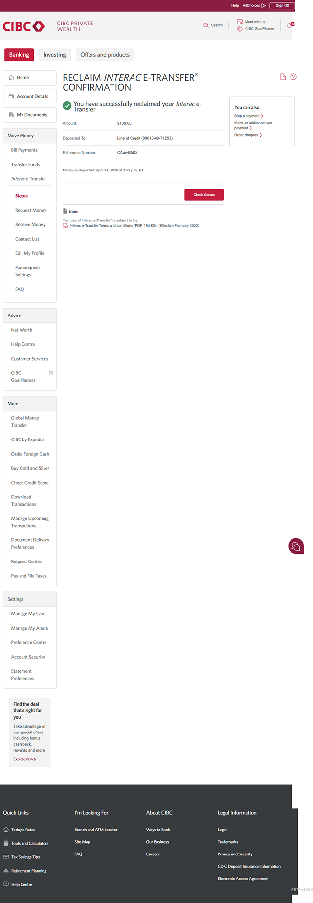 Demo screen 8: Reclaim Interac e-Transfer confirmation page. No pulsing animation.