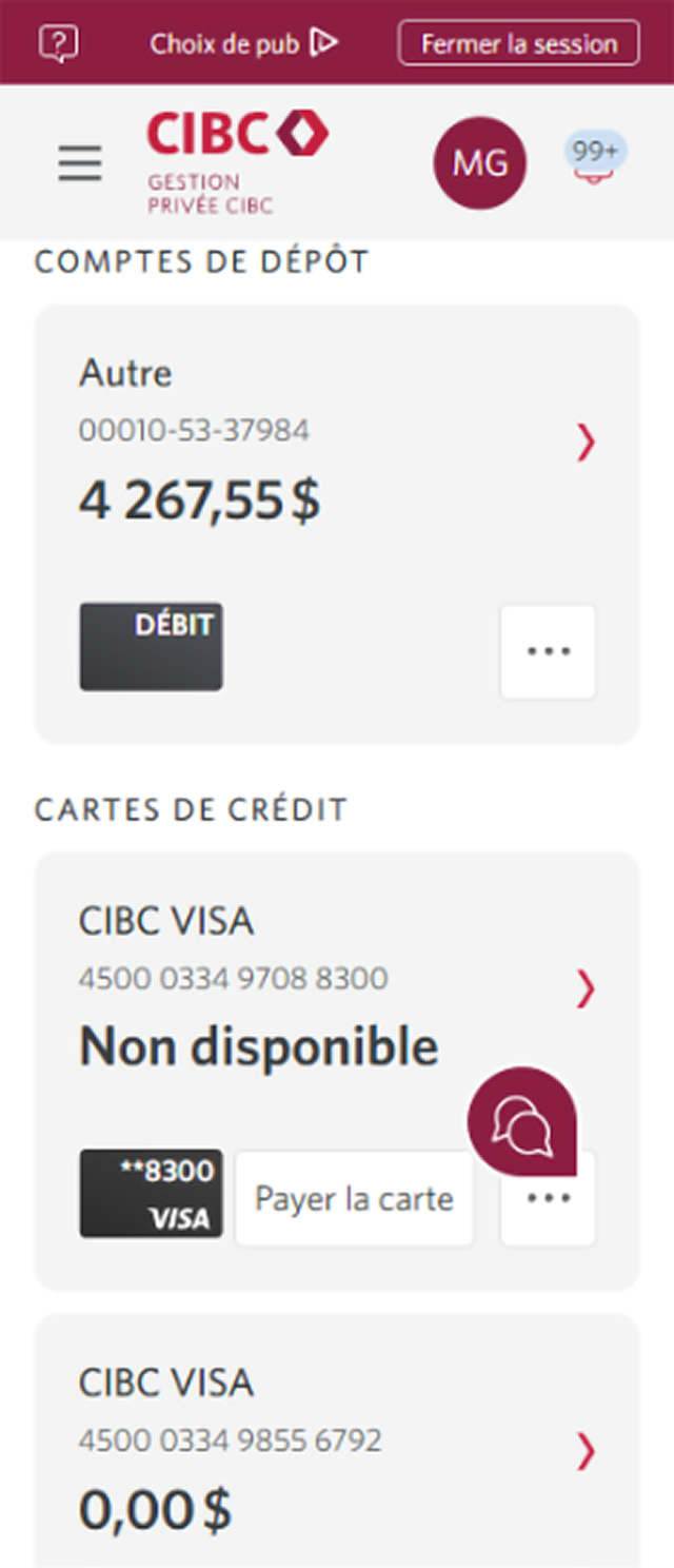Écran 2 de la démonstration : Page d’accueil de Services bancaires CIBC en direct. Une animation dynamique met en évidence le menu Plus d’options.