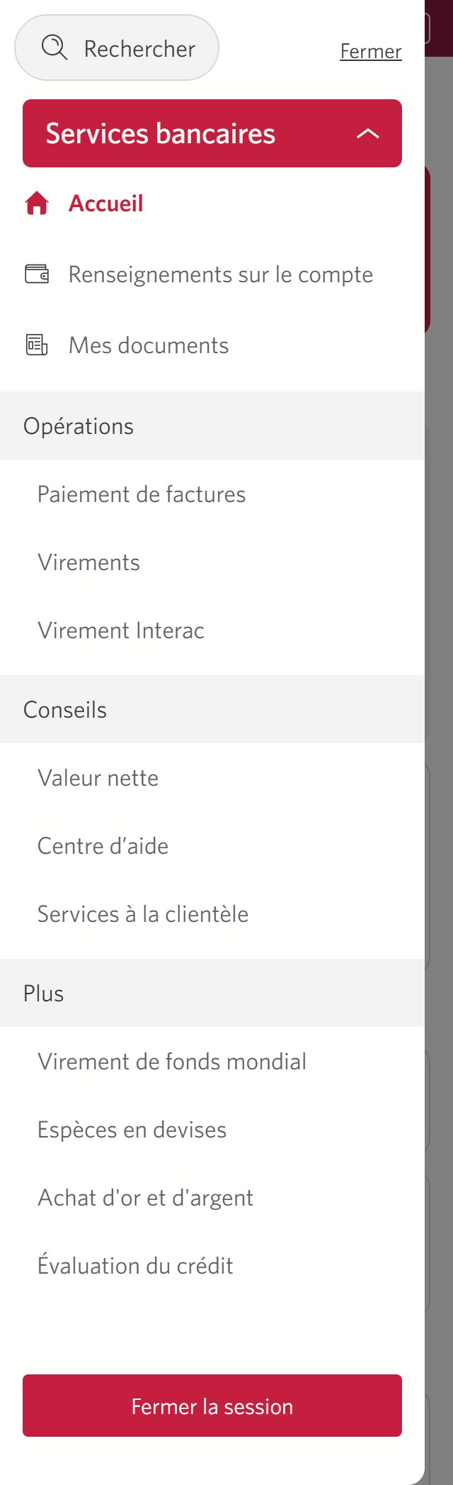 Écran 3 de la démonstration : Barre latérale de navigation de Services bancaires CIBC en direct. Une animation en pulsation met en évidence le lien vers le service Virement Interac.
