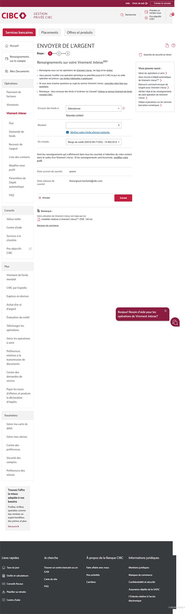 Écran 4 de la démonstration : Page Envoyer de l’argent. Une animation dynamique met en évidence le lien d’état sous Virement Interac.