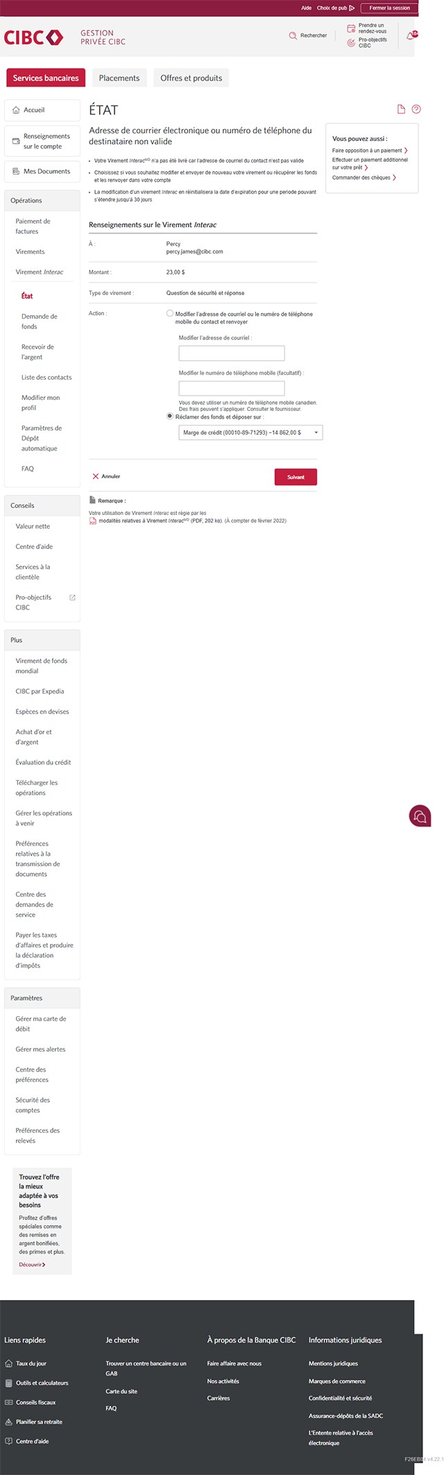 Écran 6 de la démonstration : Page sur l’état. Une animation dynamique met en évidence le bouton Suivant.