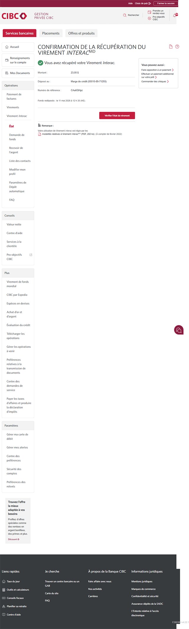 Écran 8 de la démonstration : Page de confirmation de la récupération du montant du Virement Interac. Aucune animation dynamique.