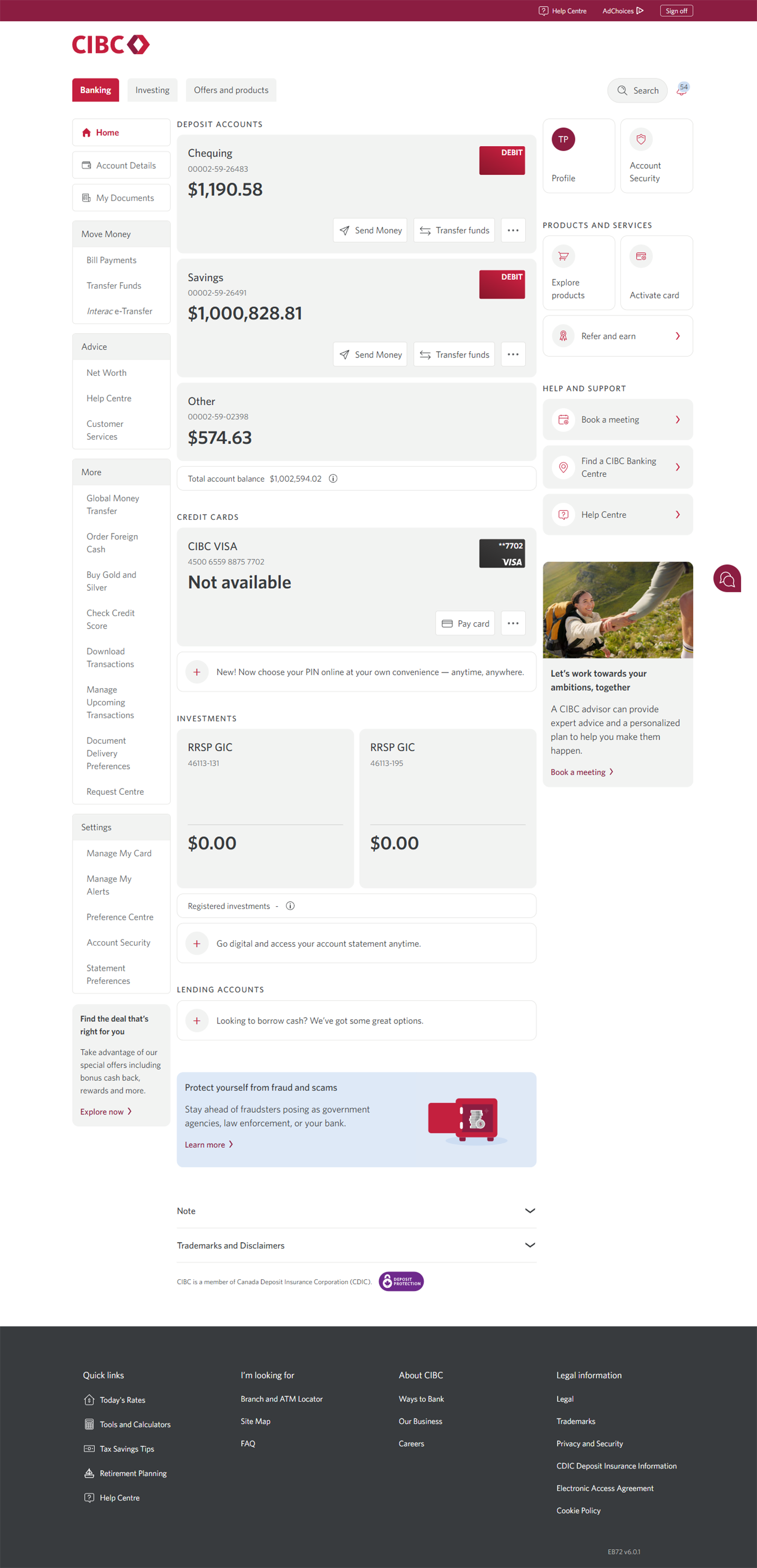 Demo screen 2: CIBC Online Banking home page. A pulsing animation highlights the "Transfer Funds" link.