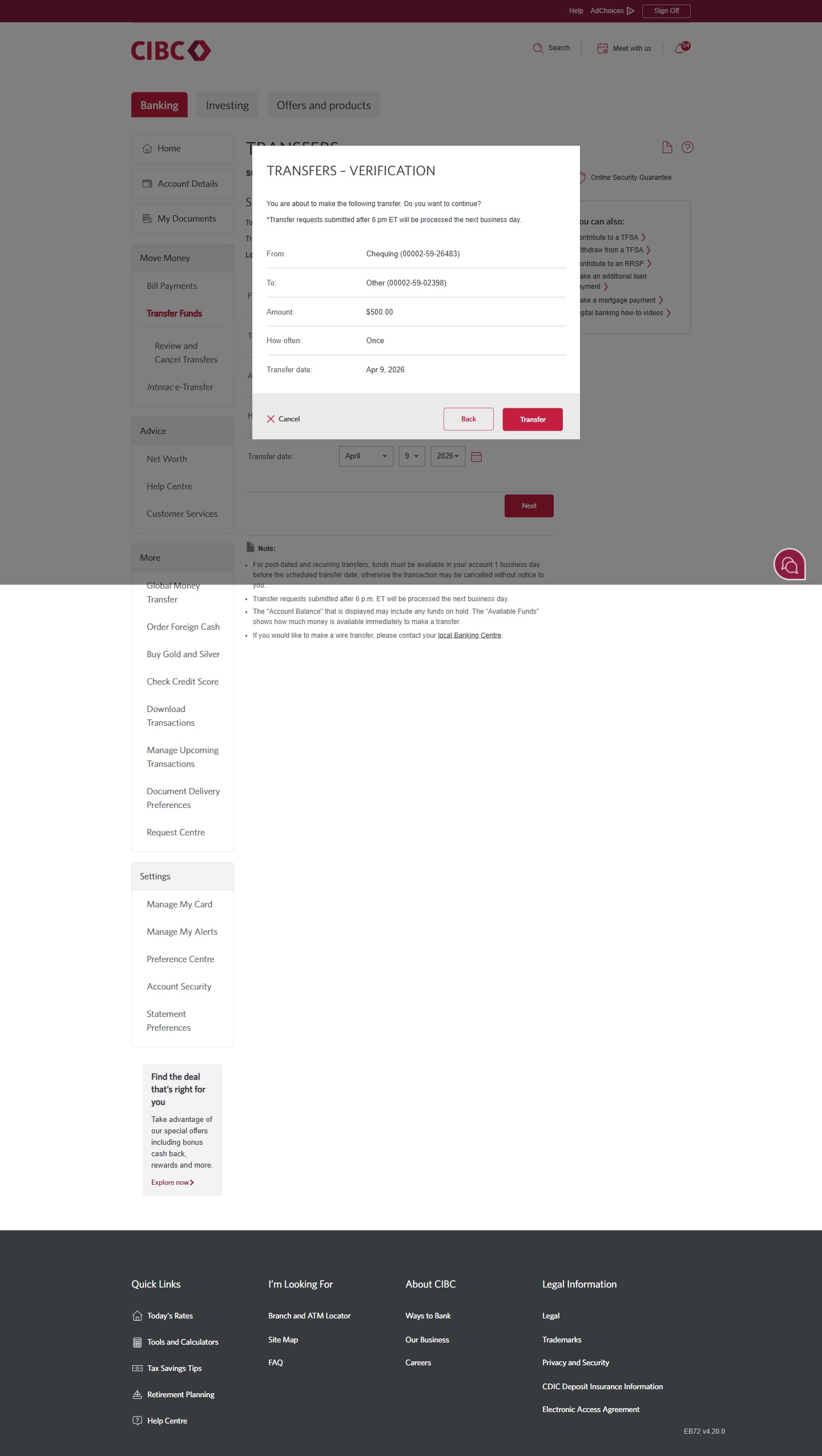 Demo screen 9: CIBC Online Banking transfer verification page. A pulsing animation highlights the "Transfer" button.