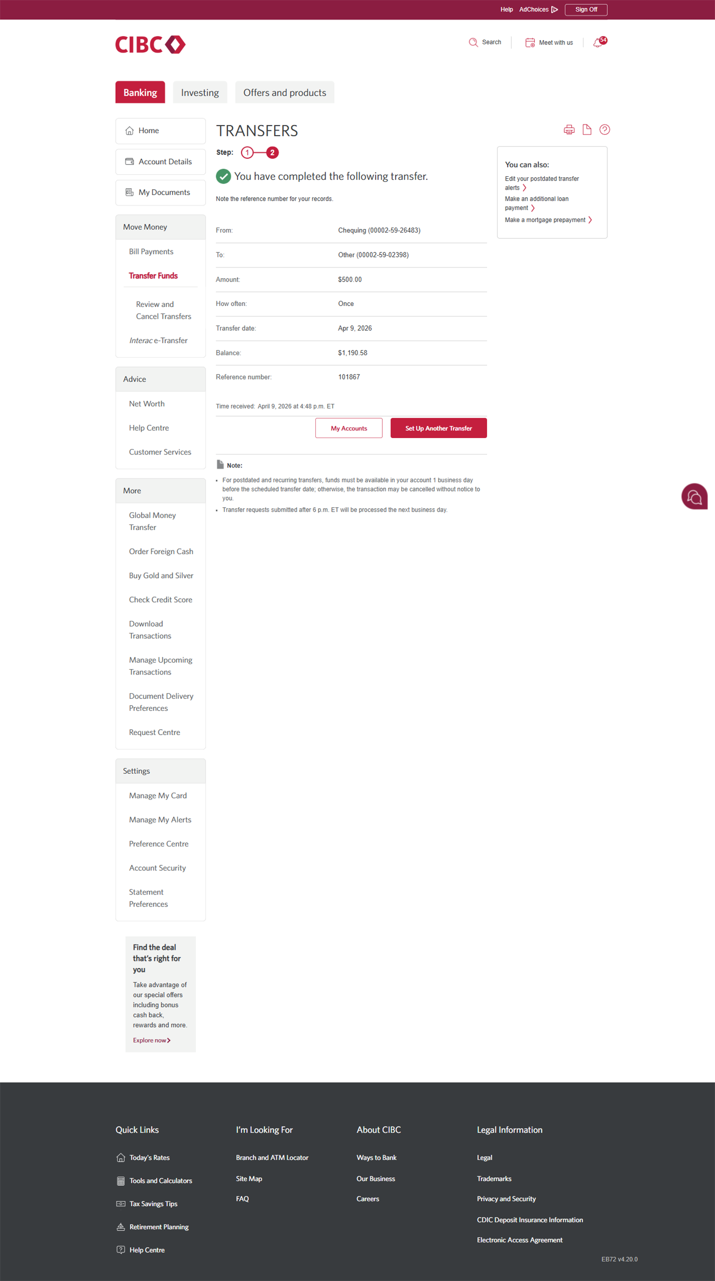 Demo screen 10: CIBC Online Banking transfer completion page. No pulsing animation.
