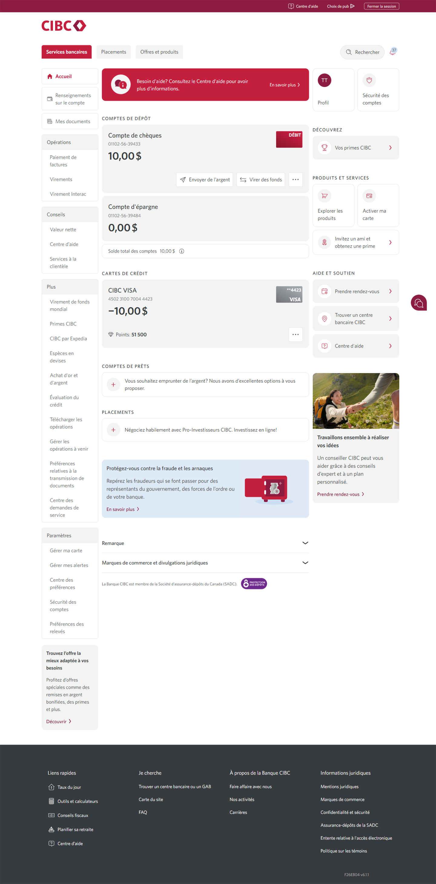 Écran 2 de la démonstration : Page d’accueil de Services bancaires CIBC en direct. Une animation dynamique met en évidence le lien Virer des fonds.
