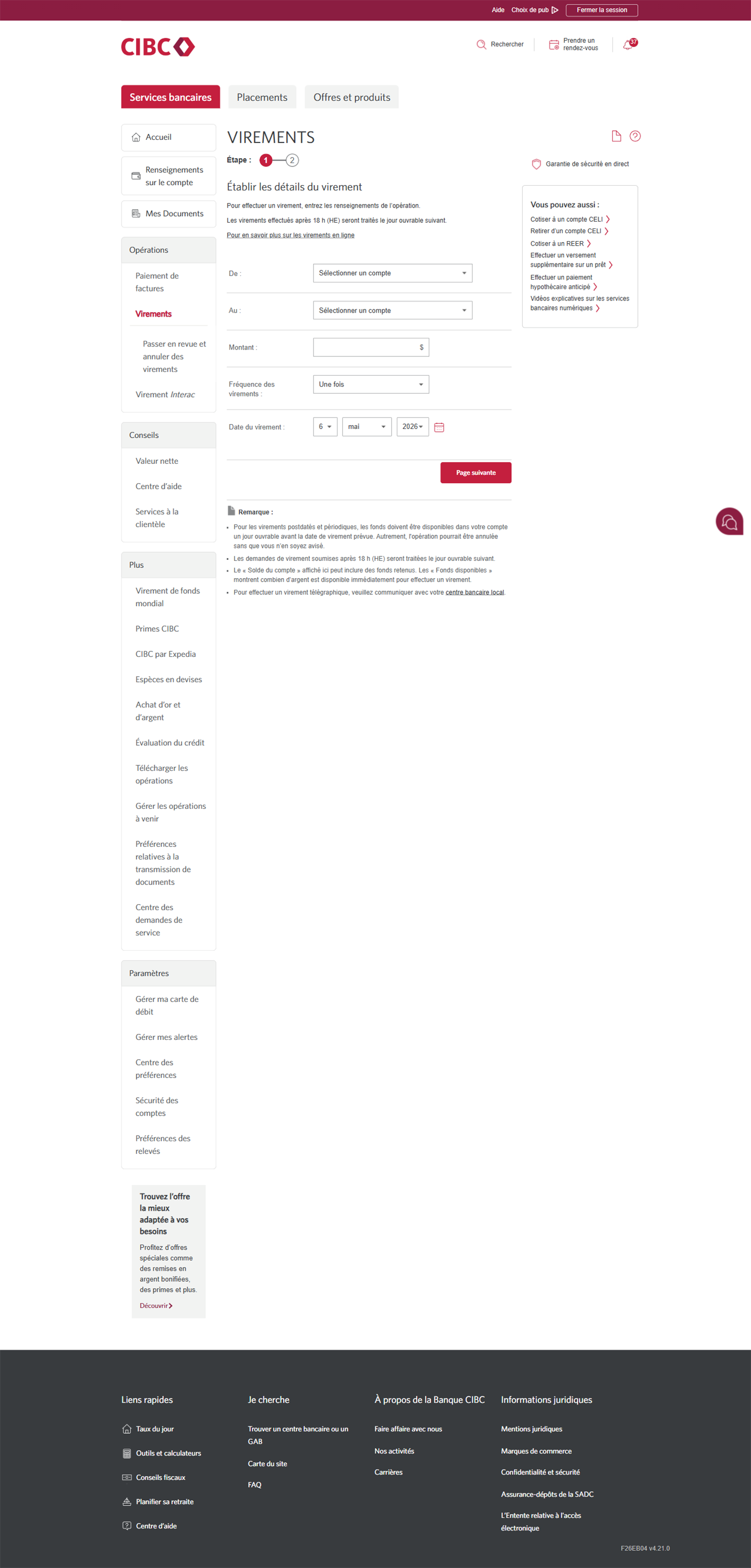 Écran 3 de la démonstration : Page des virements de Services bancaires CIBC en direct. Une animation dynamique met en évidence la zone de liste déroulante « De : Choisissez un compte ».