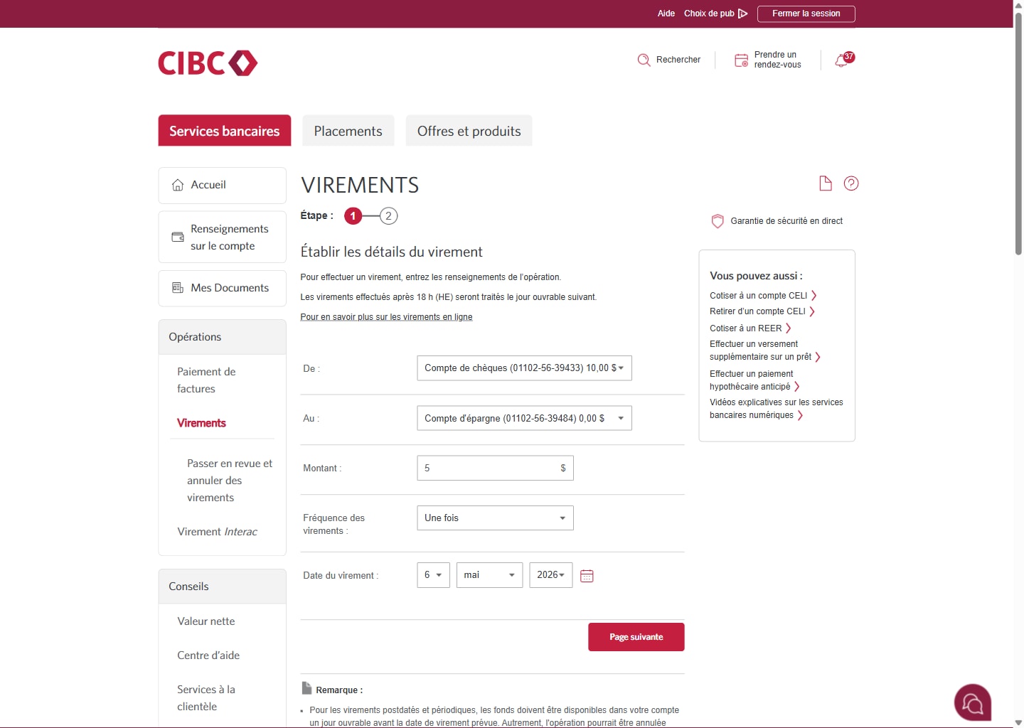 Écran 6 de la démonstration : Page des virements de Services bancaires CIBC en direct. Une animation dynamique met en évidence la zone de liste déroulante Fréquence.