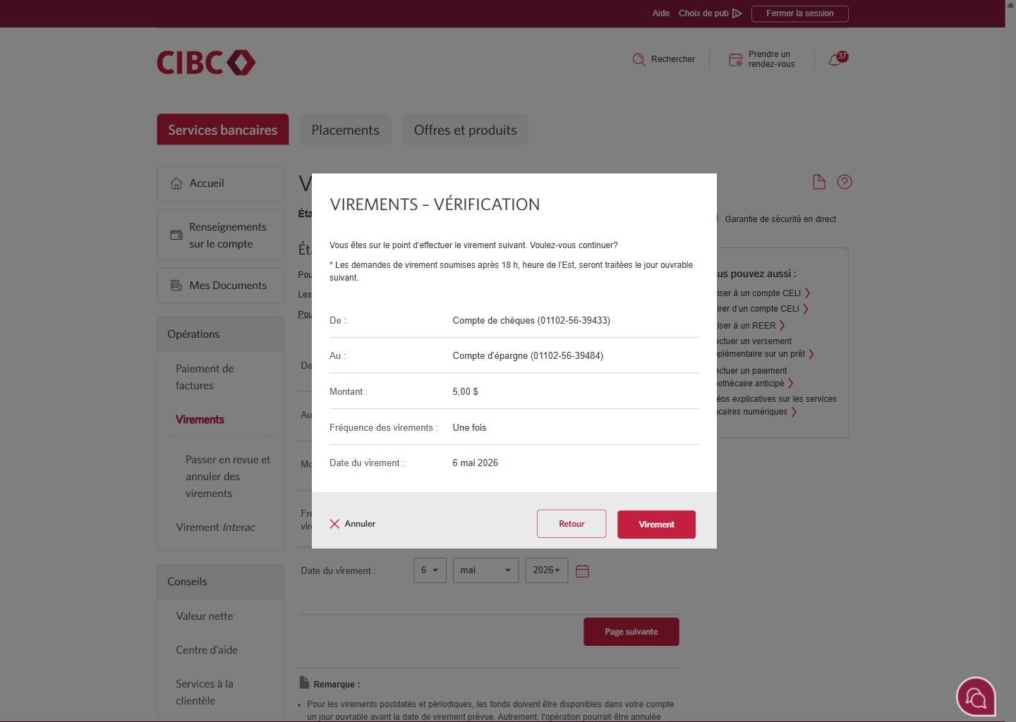 Écran 9 de la démonstration : Page de vérification du virement de Services bancaires CIBC en direct. Une animation dynamique met en évidence le bouton Envoyer.