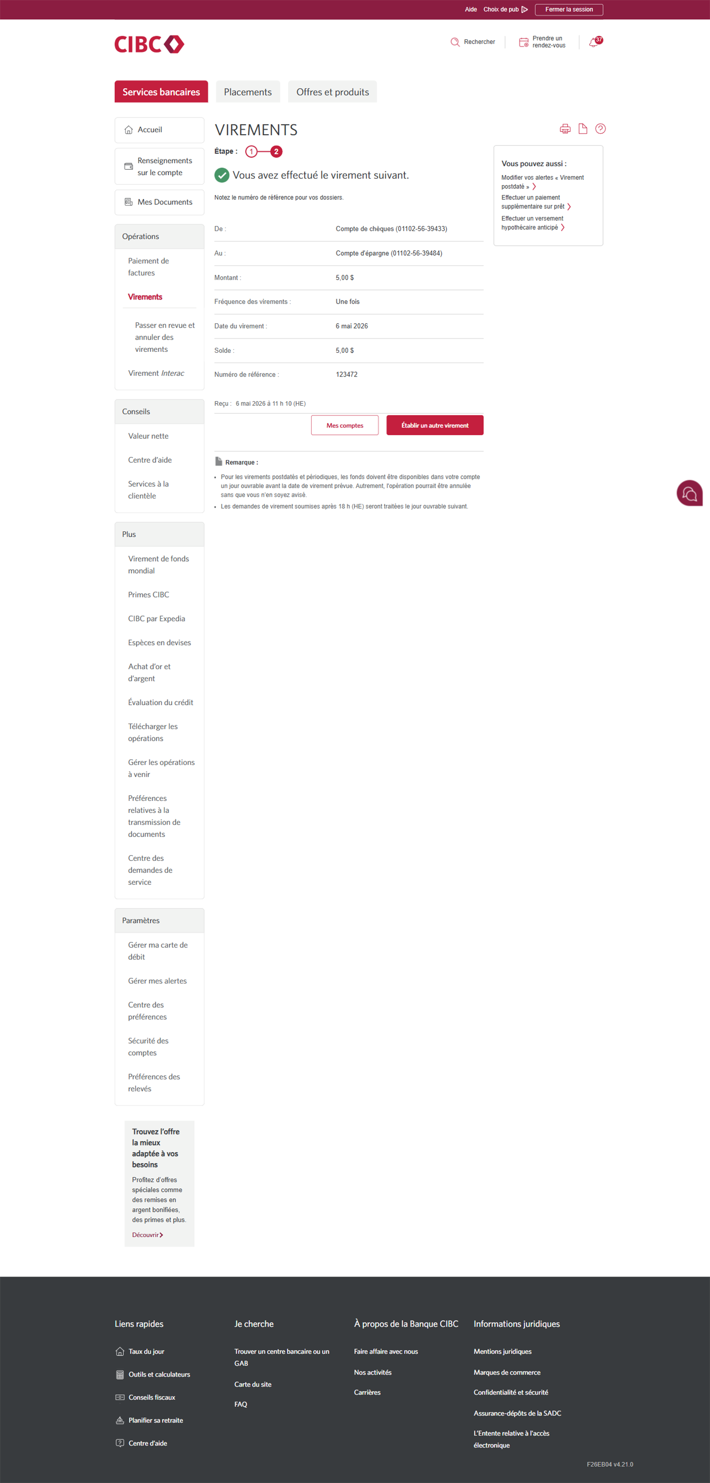 Écran 10 de la démonstration : Page d’achèvement du virement de Services bancaires CIBC en direct. Aucune animation dynamique.