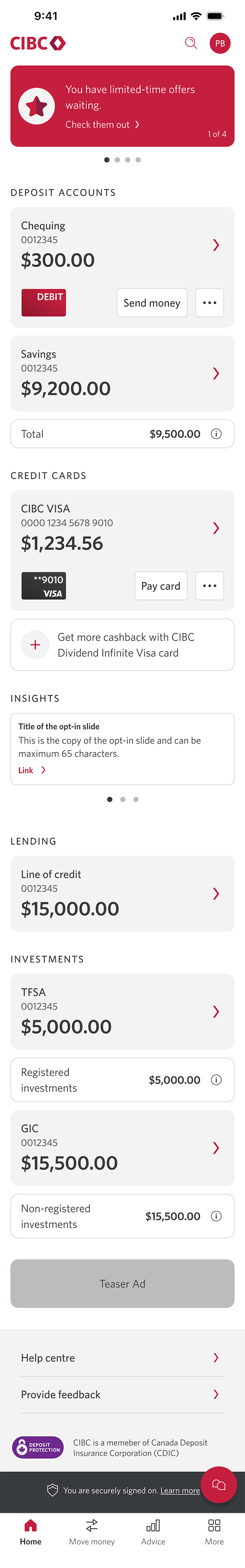 Demo screen 2: CIBC Mobile Banking App homepage. A pulsing animation highlights the "Move money" tab.