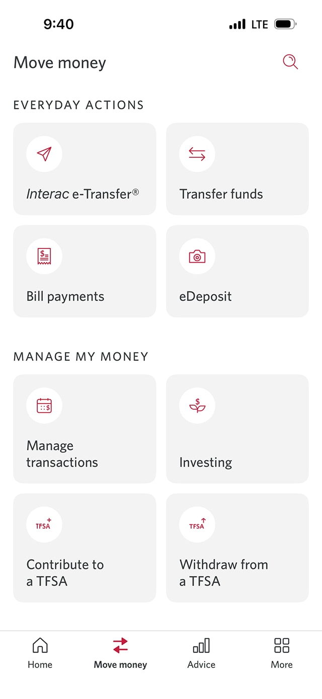 Demo screen 3: CIBC Mobile Banking App everyday actions menu. A pulsing animation highlights the "Transfer funds" button.