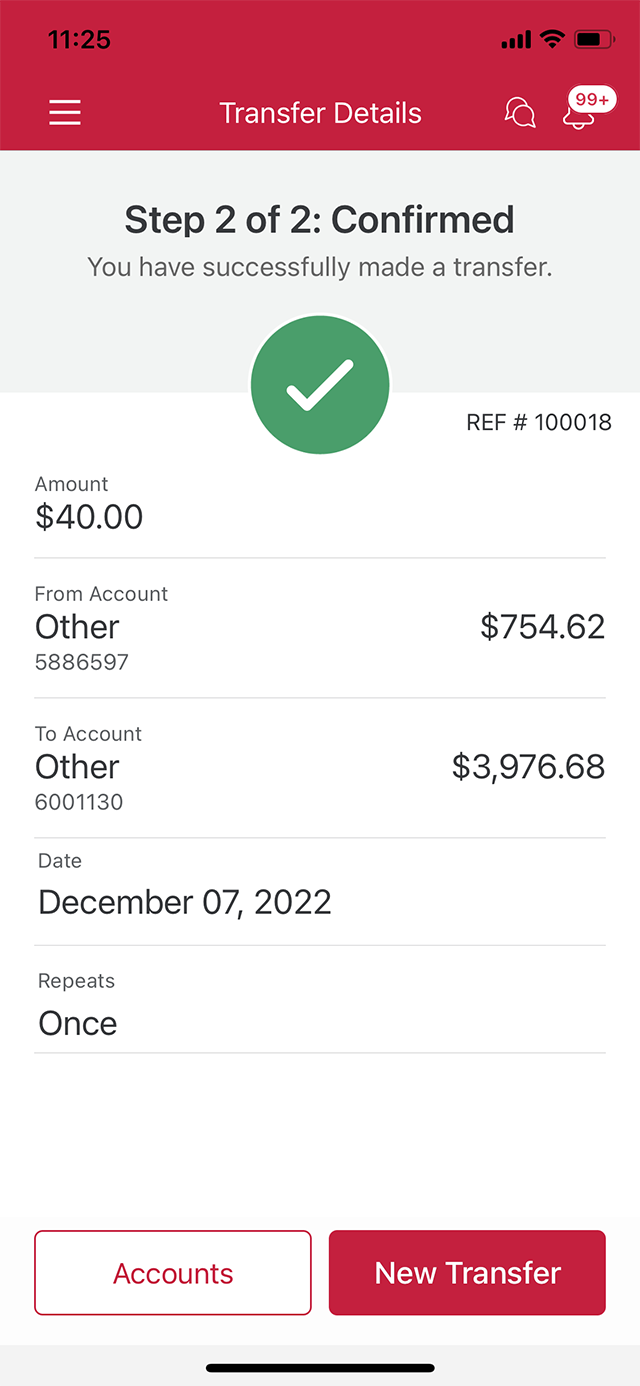 Demo screen 11: CIBC Mobile Banking App transfer confirmation page. No pulsing animation.