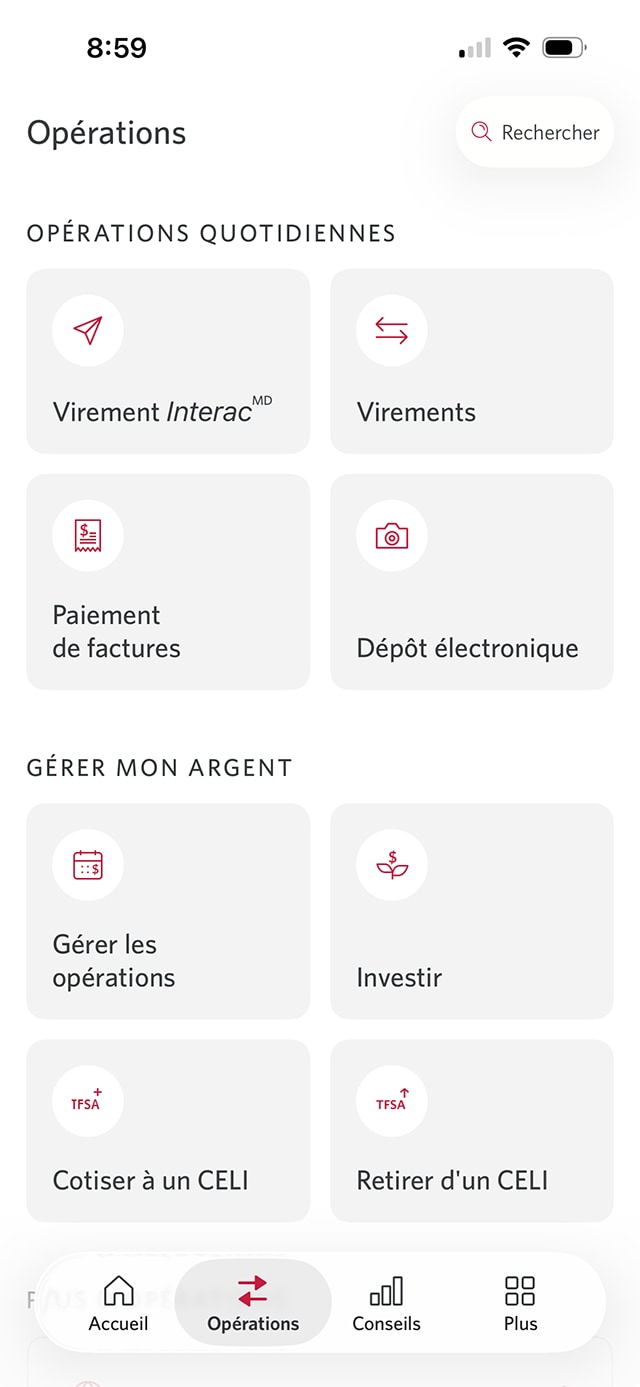 Écran 3 de la démonstration : Menu Actions courantes de l’application Services bancaires mobiles CIBC. Une animation dynamique met en évidence le bouton Virer des fonds.