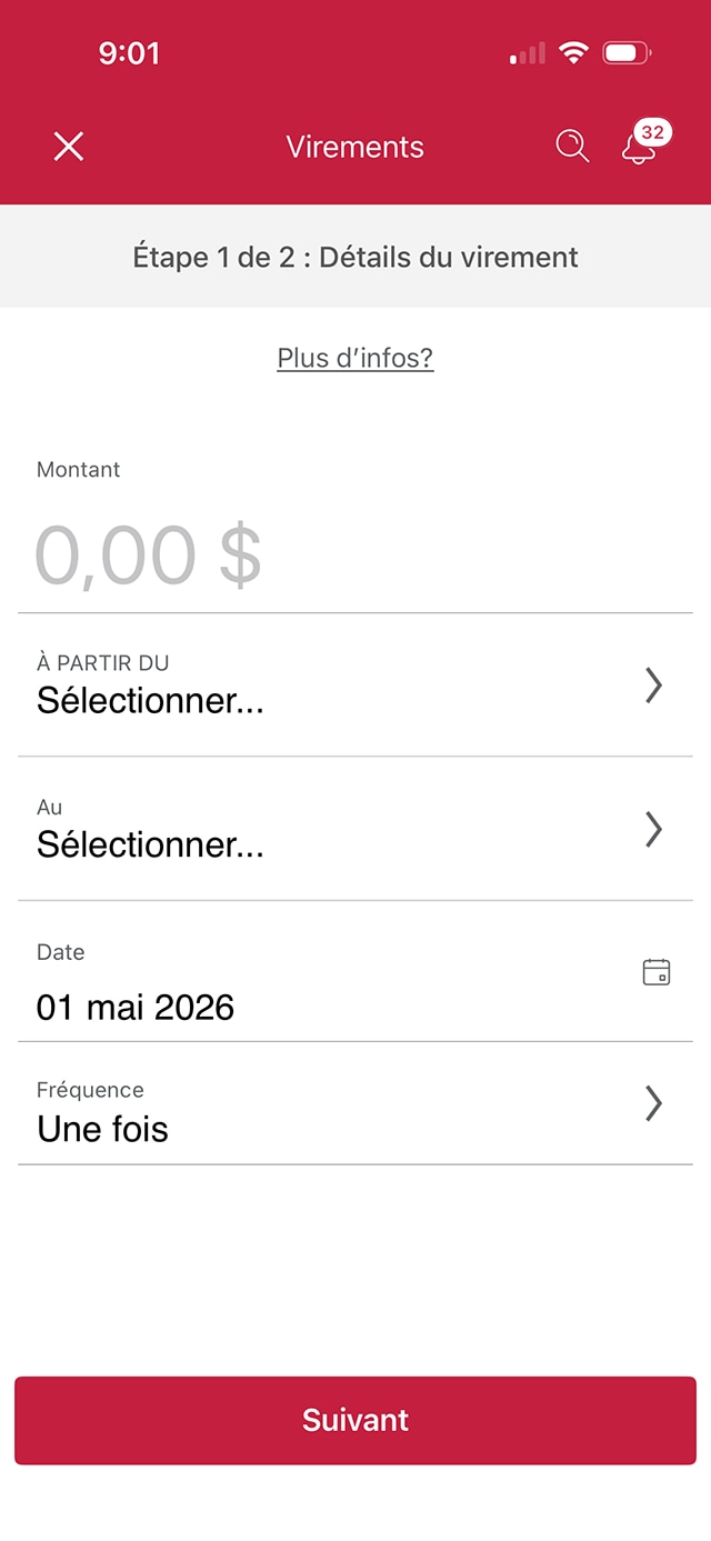 Écran 4 de la démonstration : Page des renseignements sur le virement de l’application Services bancaires mobiles CIBC. Une animation dynamique met en évidence le champ Montant.