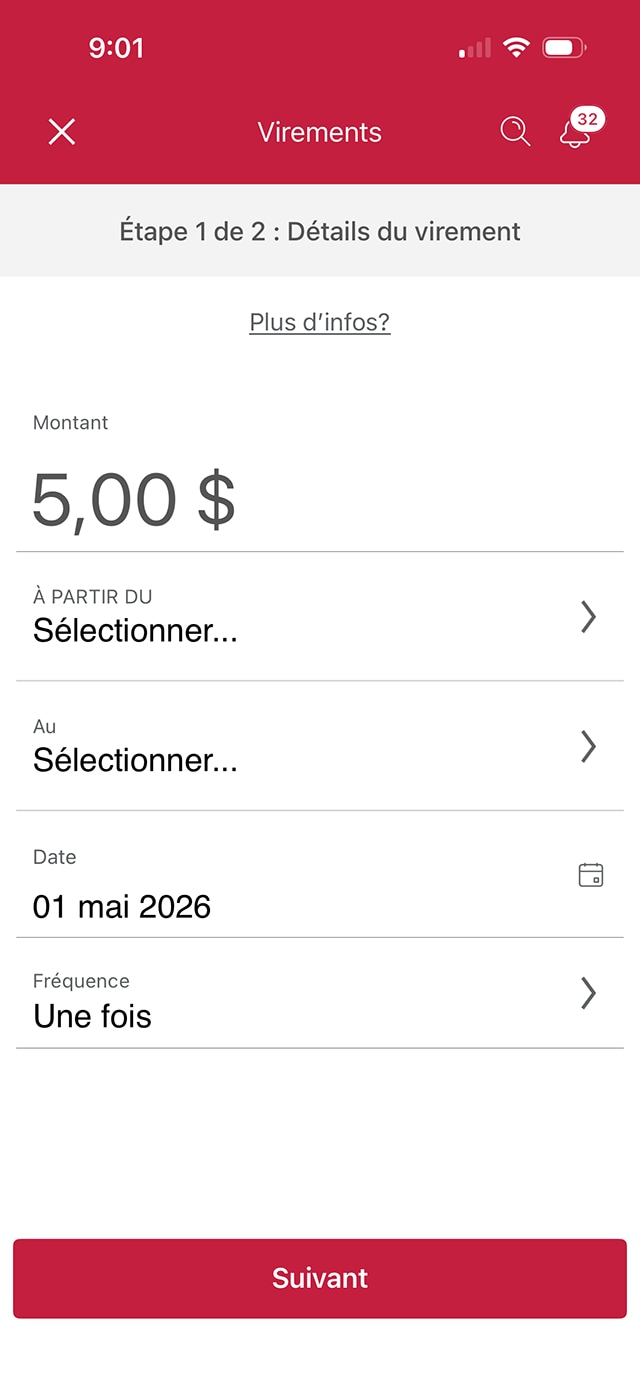 Écran 5 de la démonstration : Page des renseignements sur le virement de l’application Services bancaires mobiles CIBC. Une animation dynamique met en évidence le bouton Du compte.
