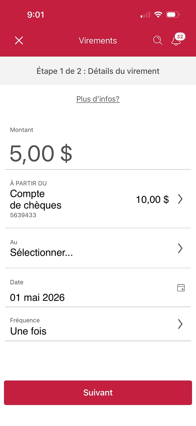 Écran 6 de la démonstration : Page des renseignements sur le virement de l’application Services bancaires mobiles CIBC. Une animation dynamique met en évidence le bouton Vers le compte.