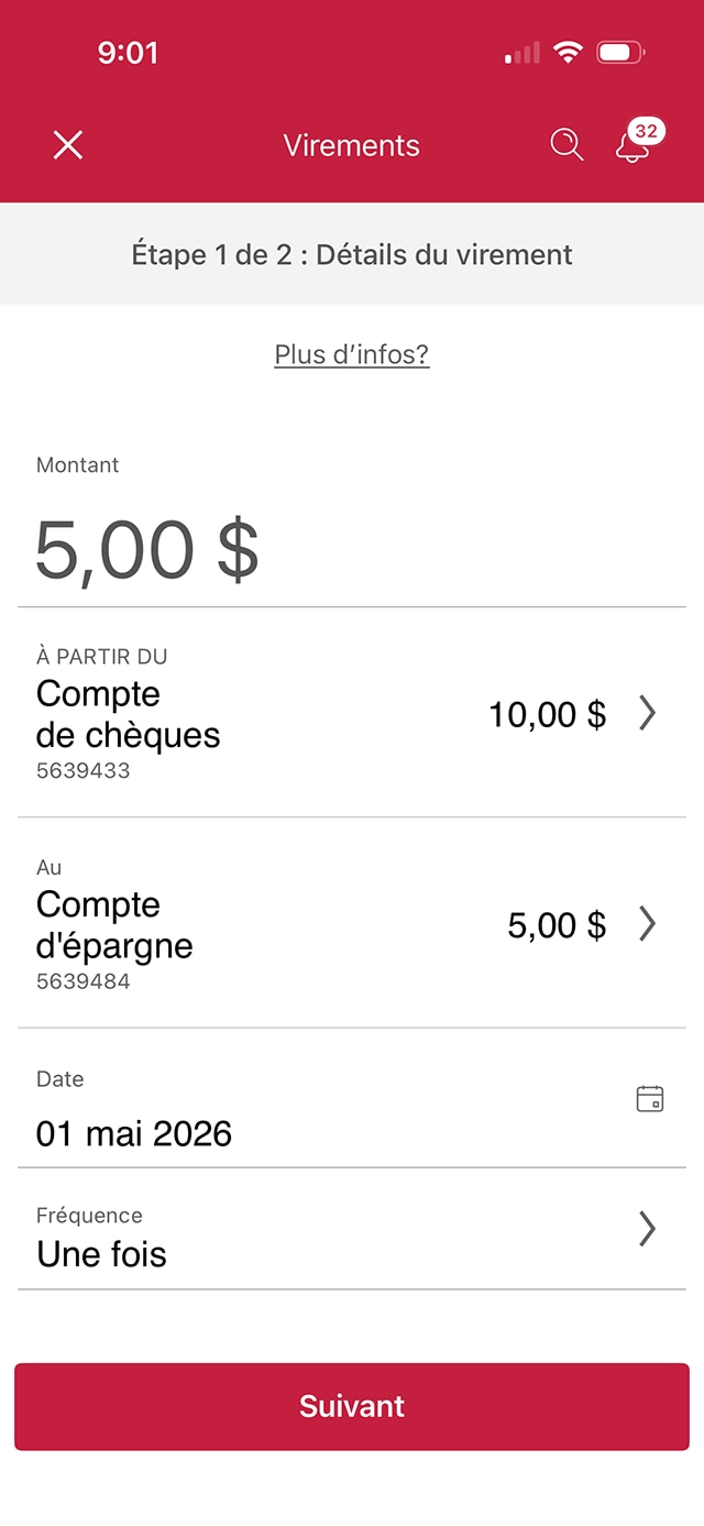 Écran 9 de la démonstration : Page des virements de l’application Services bancaires mobiles CIBC. Une animation dynamique met en évidence le bouton Suivant.