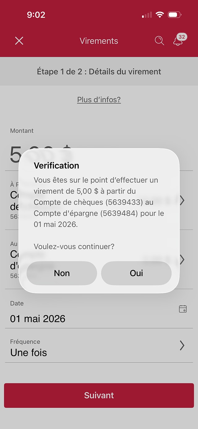Écran 10 de la démonstration : Page de vérification du virement de l’application Services bancaires mobiles CIBC. Une animation dynamique met en évidence le bouton Oui.