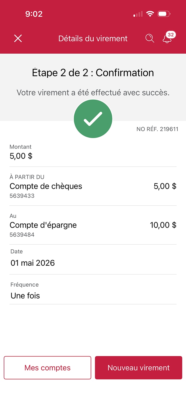 Écran 11 de la démonstration : Page de confirmation du virement de l’application Services bancaires mobiles CIBC. Aucune animation dynamique.