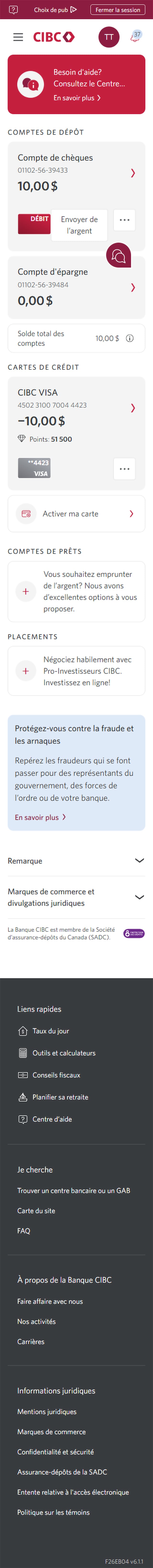 Écran 2 de la démonstration : Page d’accueil de Services bancaires CIBC en direct. Une animation dynamique met en évidence le menu Plus d’options.