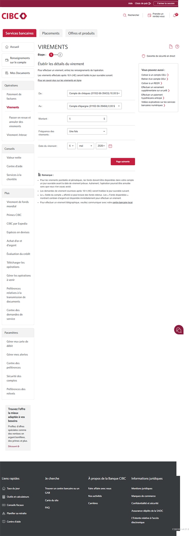 Écran 7 de la démonstration : Page des virements de Services bancaires CIBC en direct. Une animation dynamique met en évidence la zone de liste déroulante Fréquence.