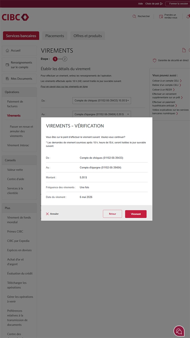 Écran 10 de la démonstration : Page de vérification du virement de Services bancaires CIBC en direct. Une animation dynamique met en évidence le bouton Envoyer.
