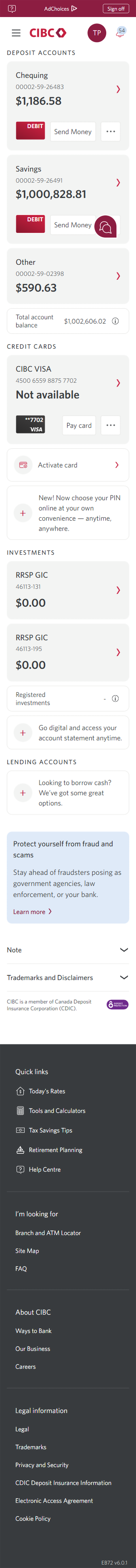 Demo screen 2: CIBC Online Banking homepage. A pulsing animation highlights the "More options" menu.