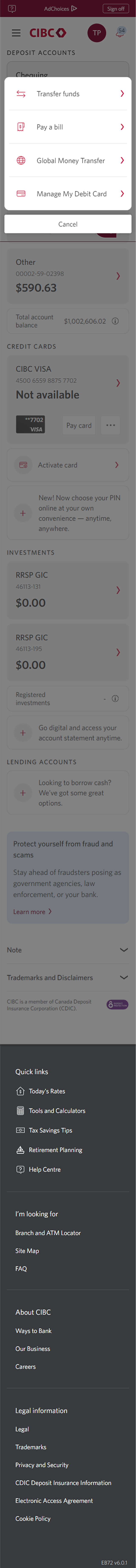 Demo screen 3: CIBC Online Banking overlay menu. A pulsing animation highlights the "Transfer funds" link.