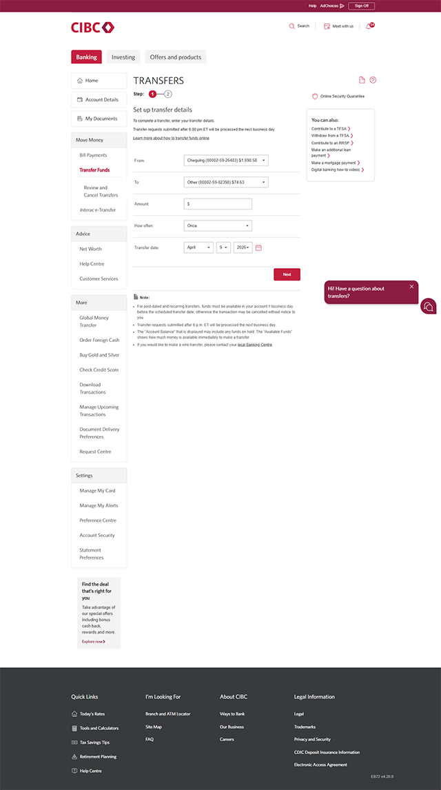 Demo screen 6: CIBC Online Banking transfers page. A pulsing animation highlights the "Amount" field.