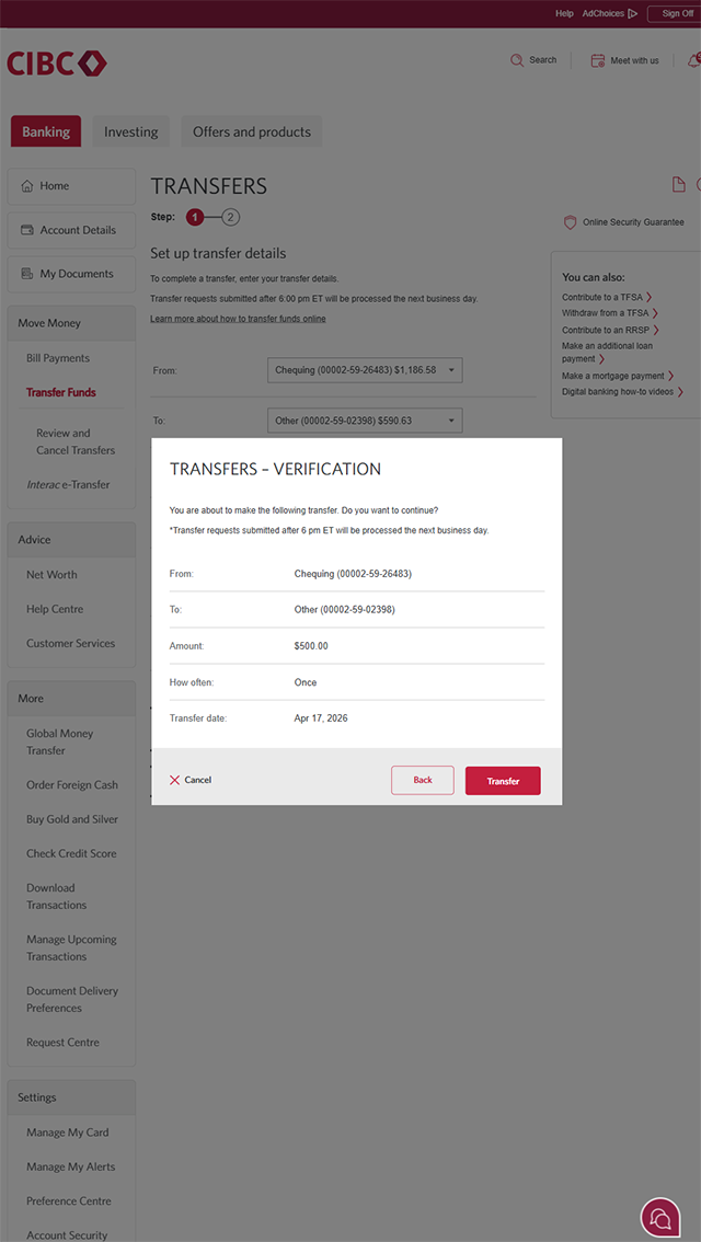 Demo screen 10: CIBC Online Banking transfer verification page. A pulsing animation highlights the "Transfer" button.