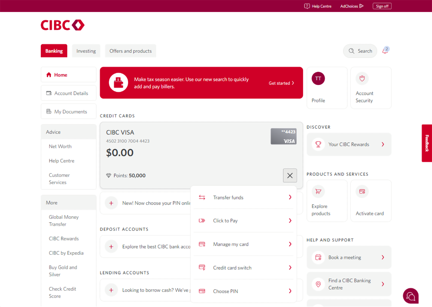Demo screen 4: CIBC Online Banking homepage with a dropdown menu. A pulsing animation highlights the "Manage my card" link.