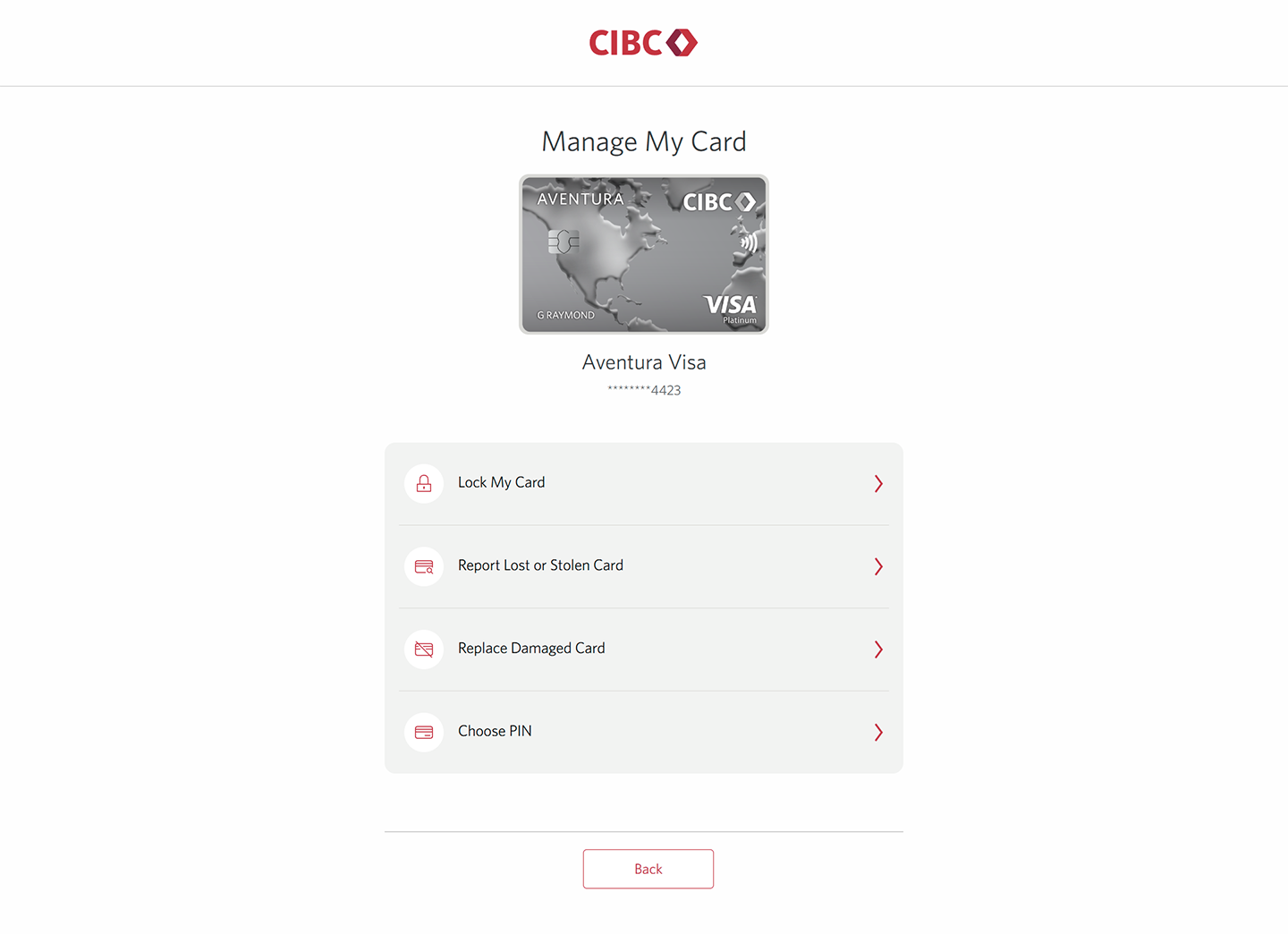 Demo screen 5: Manage My Card page for a card. A pulsing animation highlights the "Choose PIN" button on a list of actions.