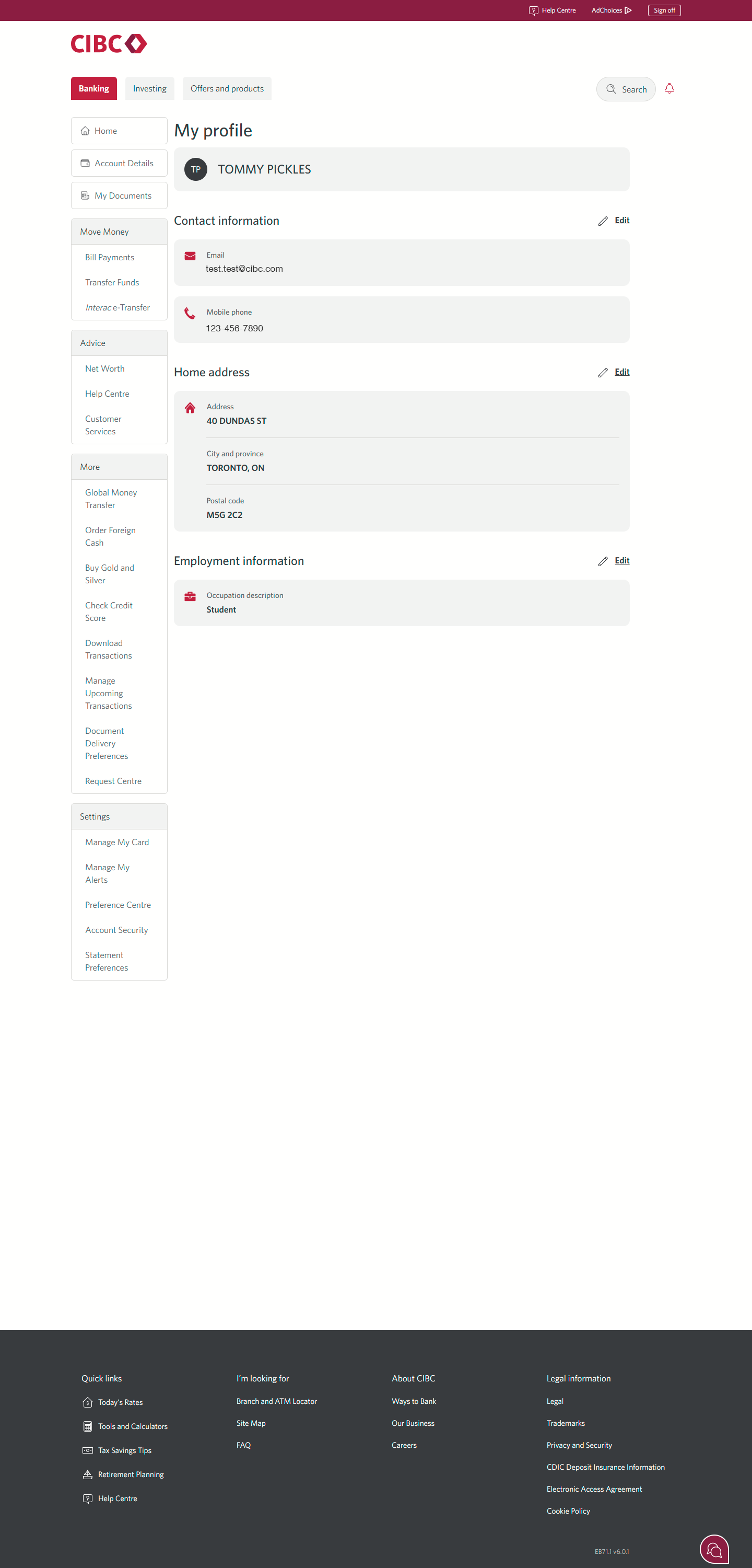 Demo screen 13: My profile page. A pulsing animation highlights the "Edit" link next to "Contact information". 
