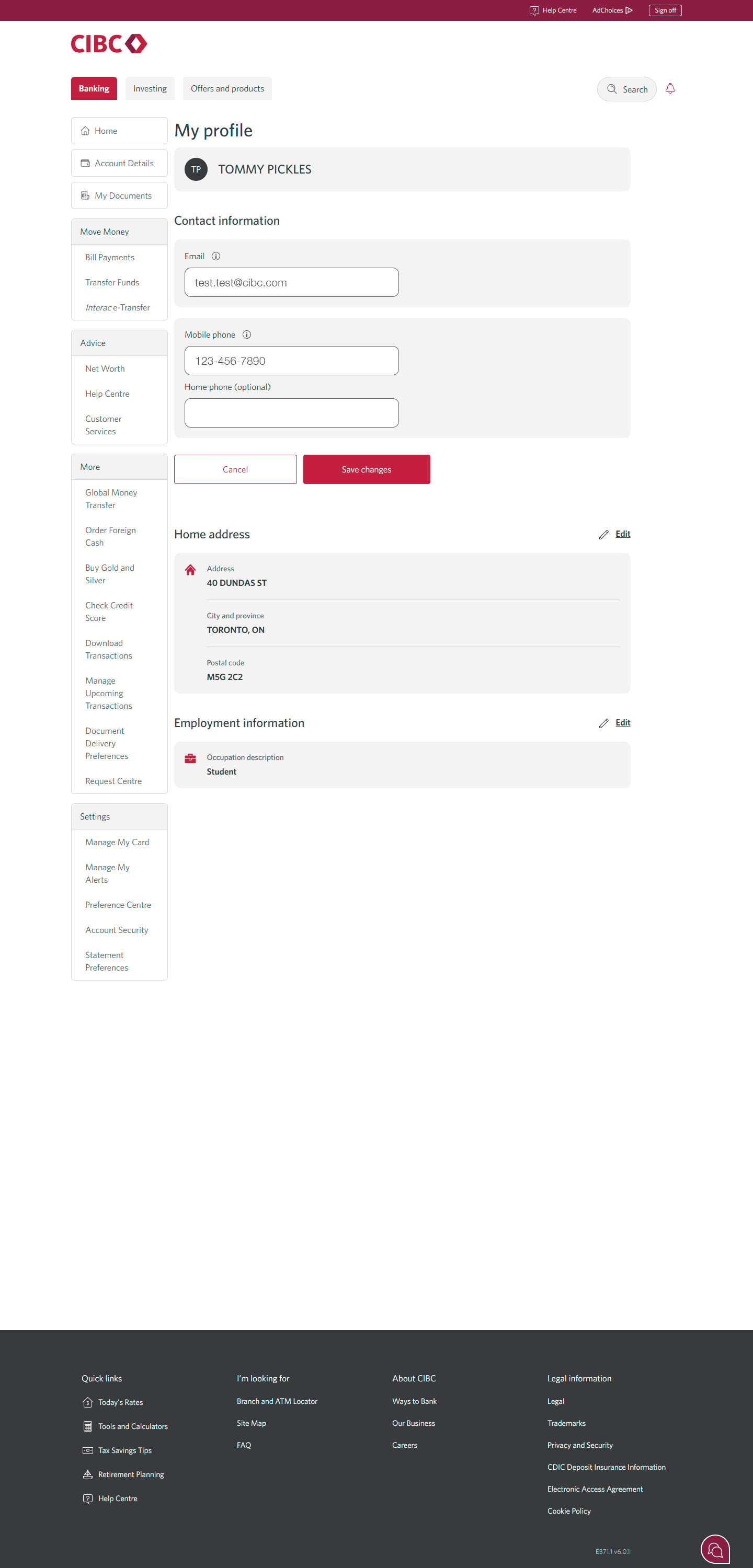 Demo screen 14: My profile page. A pulsing animation highlights the "Save changes" button for contact information.