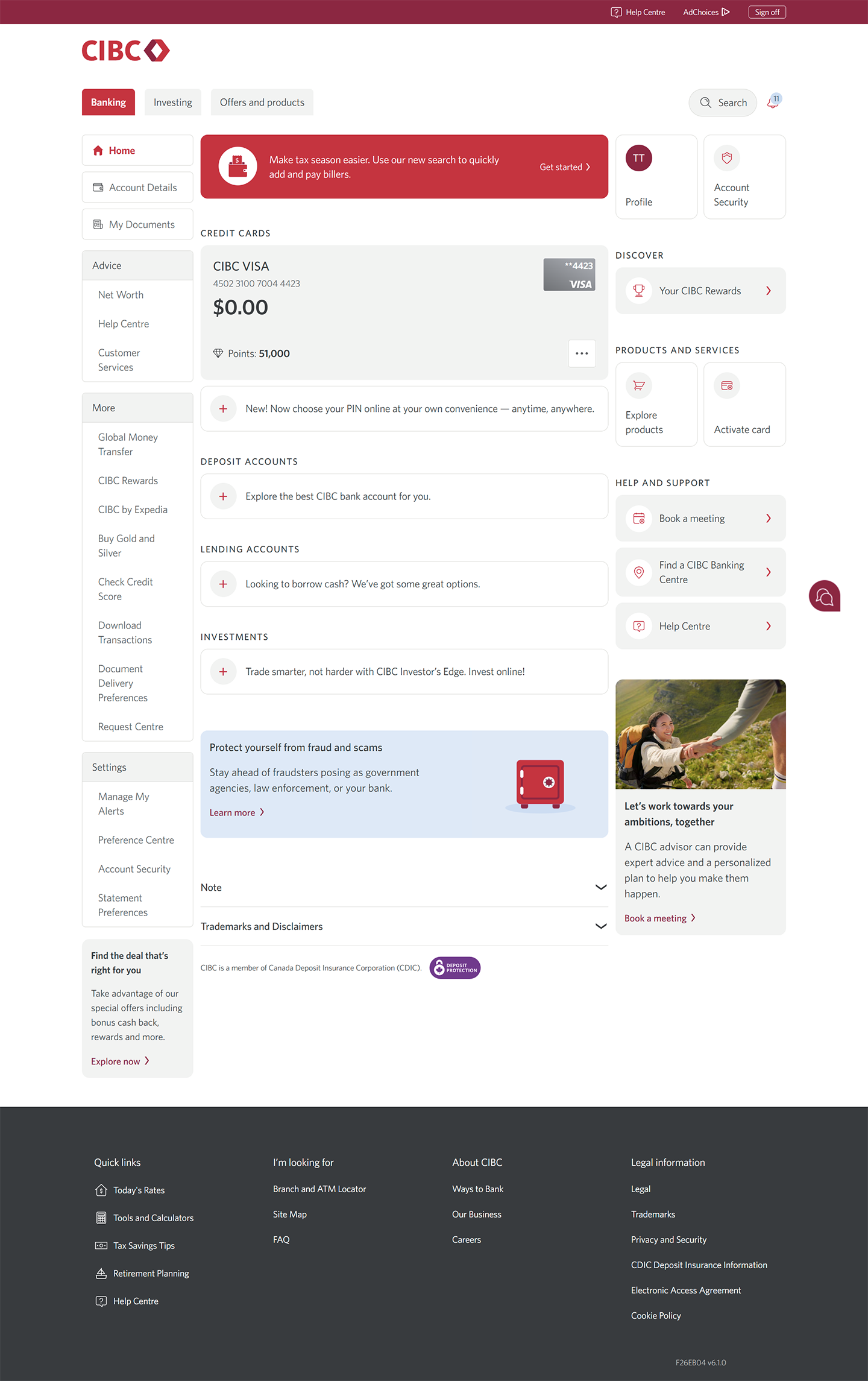 Demo screen 16: CIBC Online Banking homepage. A pulsing animation highlights the "More options" button for a credit card.