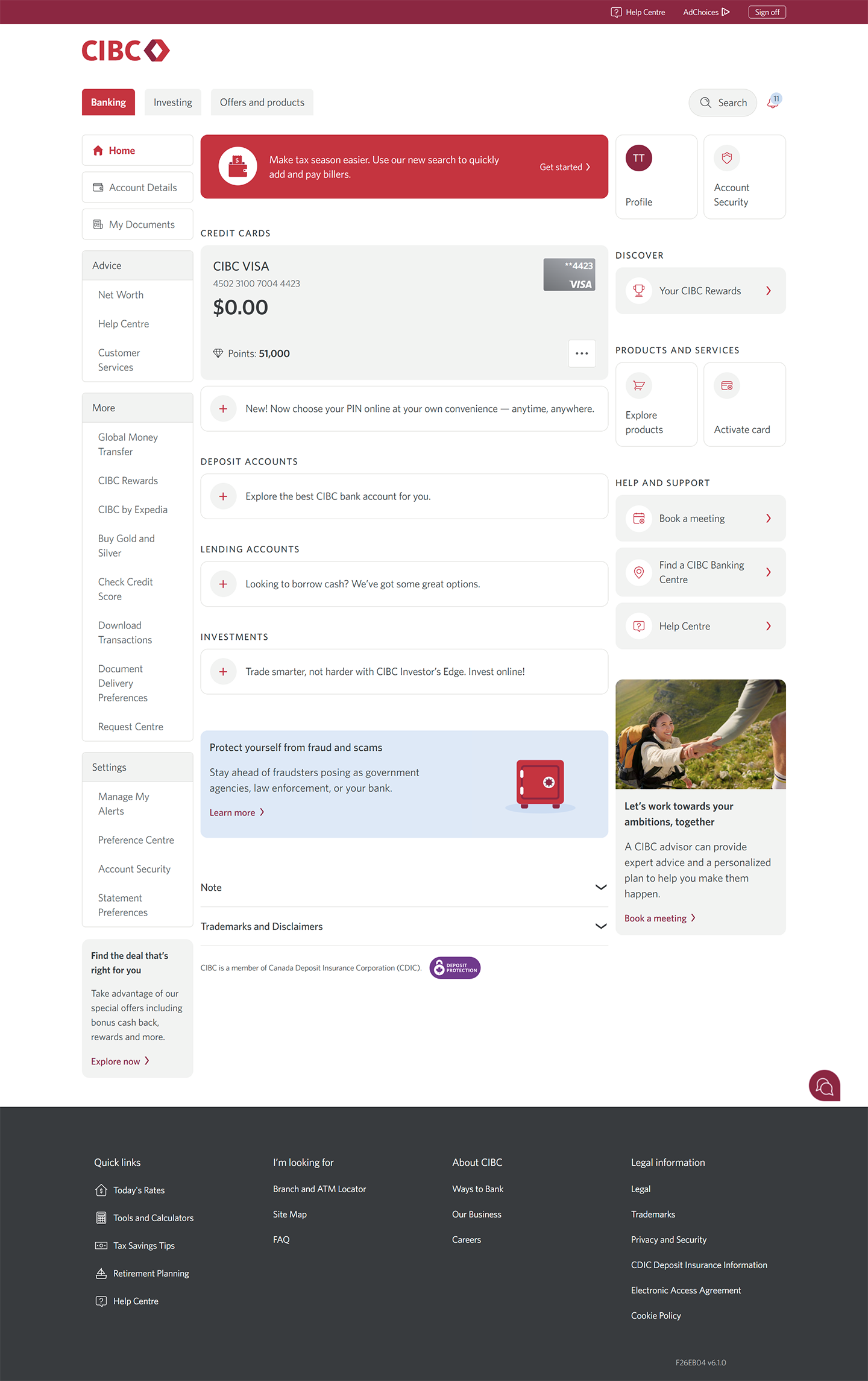Demo screen 21: CIBC Online Banking homepage. A pulsing animation highlights the "Activate card" link.