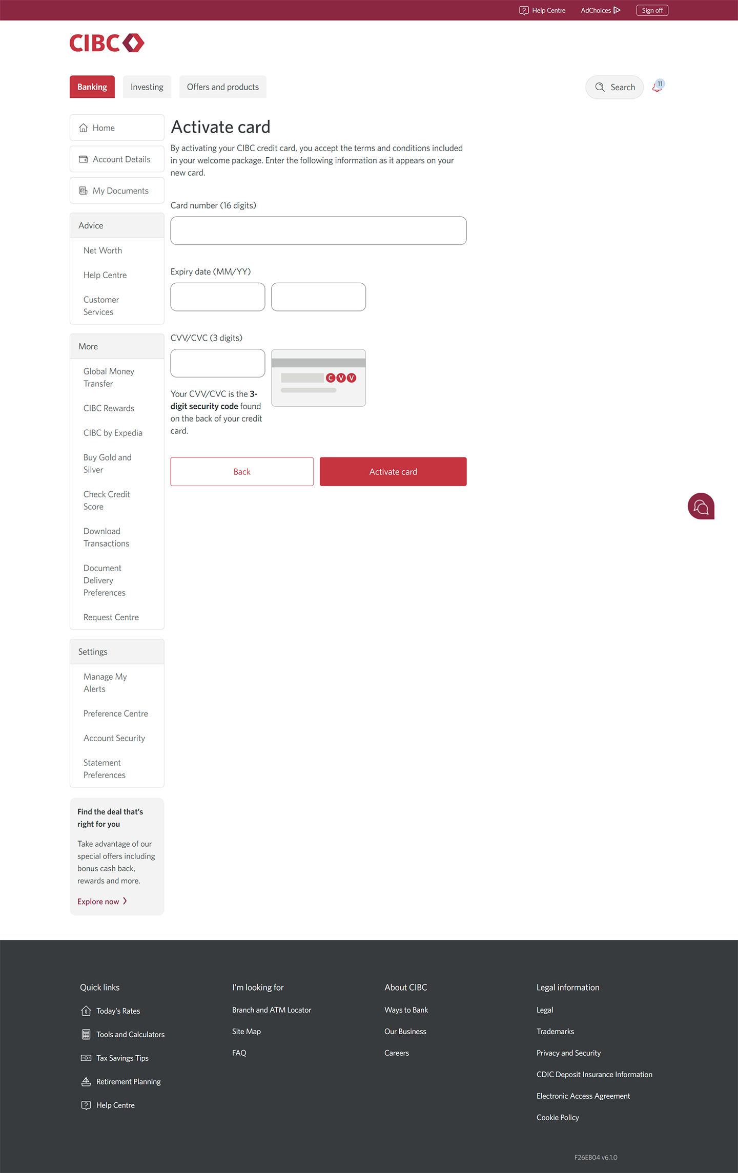 Demo screen 22: Activate card page. A pulsing animation highlights the "Card number" field.
